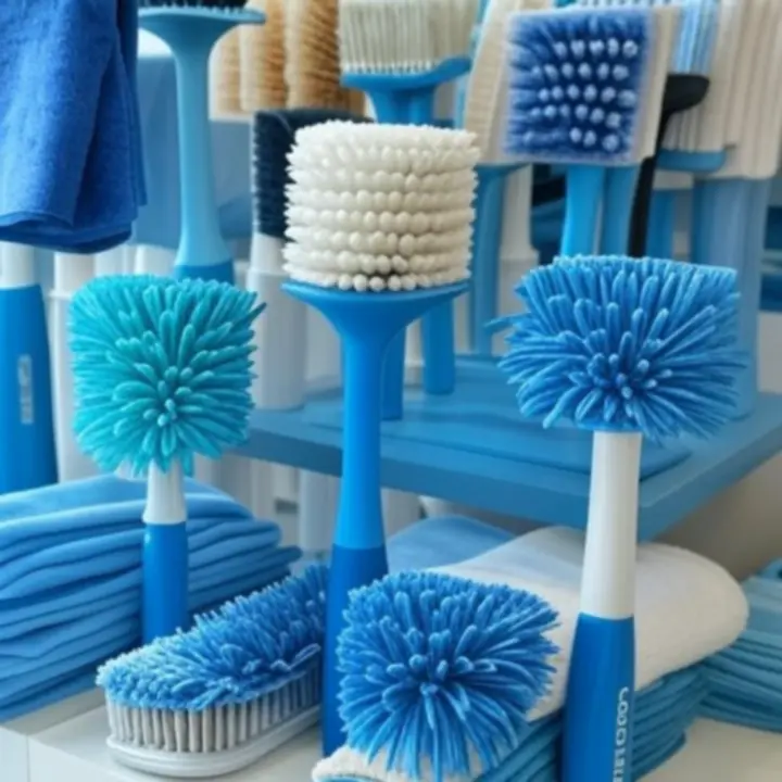 Schoonmaakaccessoires zoals borstels en doekjes in een kantooromgeving