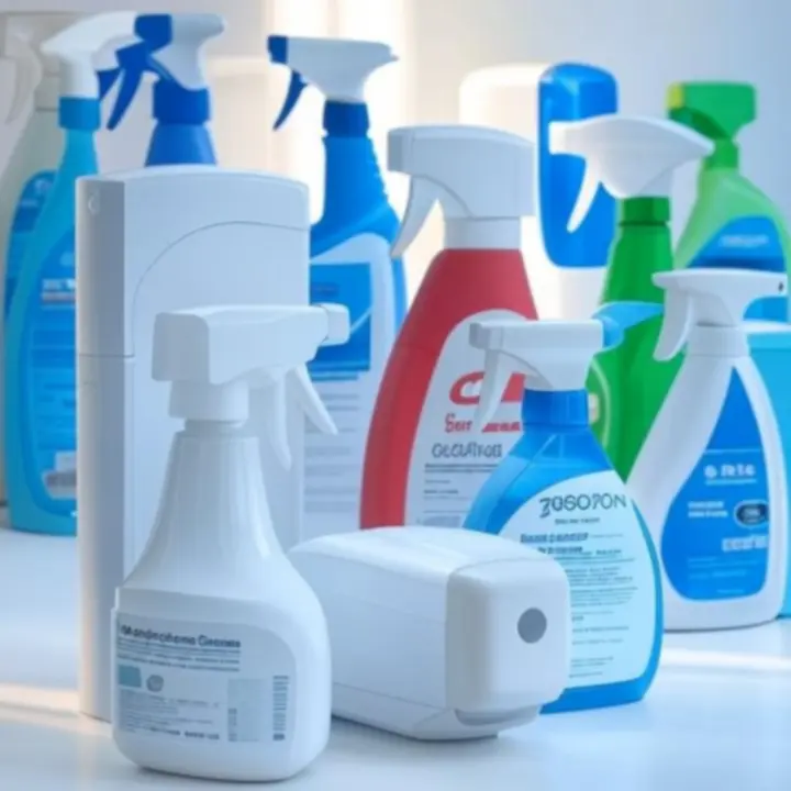 Representatieve kantoor schoonmaakproducten netjes geordend op een bureau en in een kast