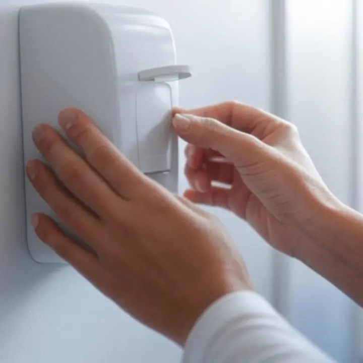 Handen die een dispenser aan de wand monteren en navullen